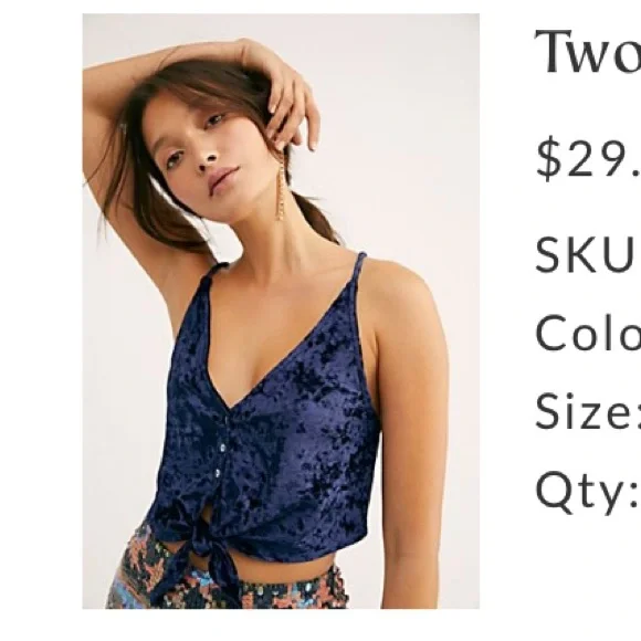 Free People -  Two Tie For You Crushed Velvet Knotted Cropped Cami - Navy - Picture 8 of 9